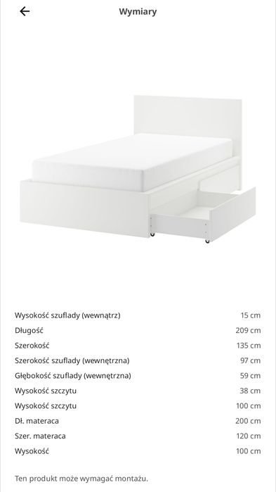 Łóżko malm 120x200 z materacem i 2 szufladami