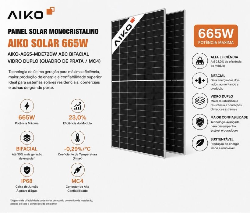 Painéis Solares 665w Aiko  -Type Bifaciais - Alta Eficiência