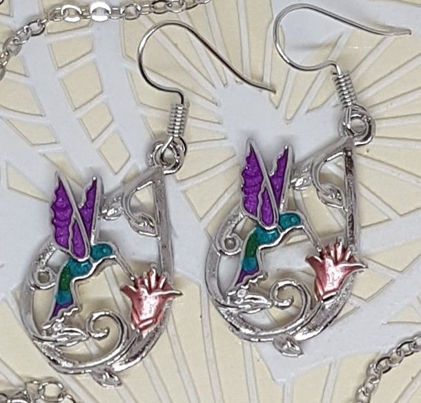 Koliberki ptaszki kwiatki koliberek srebrny komplet naszyjnik kolczyki