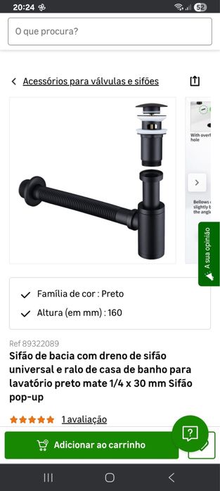 Sifão para lavatório preto.