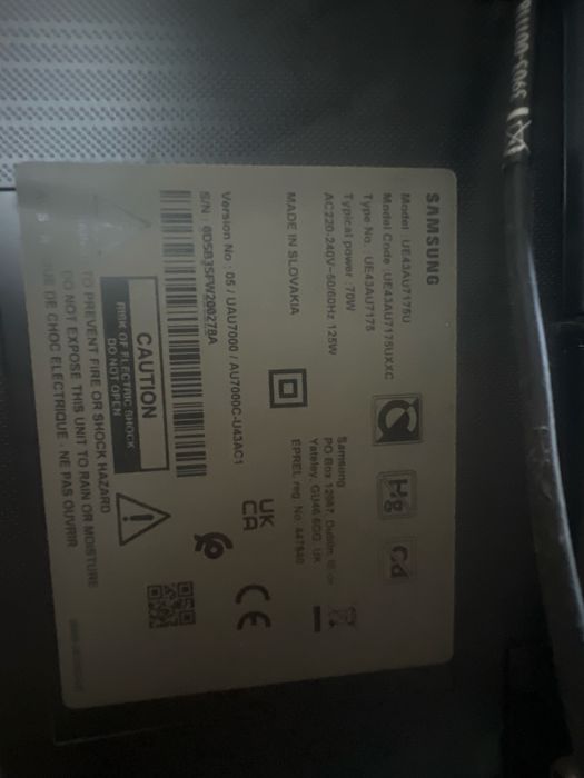 Televisão Samsung 43” 4K Smart TV – UE43AU7175U – Para reparação