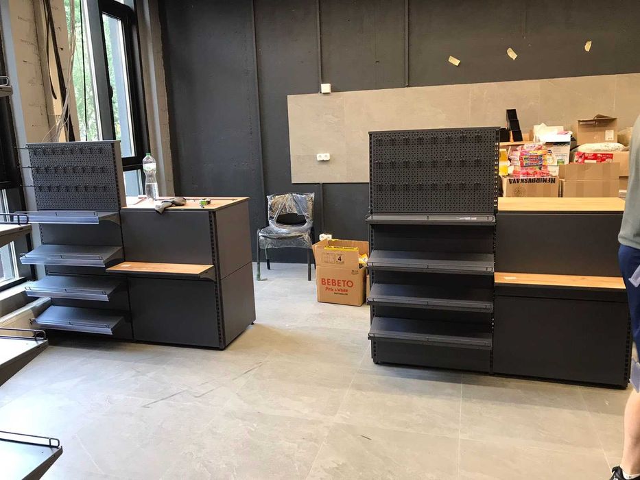 Торгові стелажі. Каса прилавок. Гачки. Торгове обладнання. Вітрини