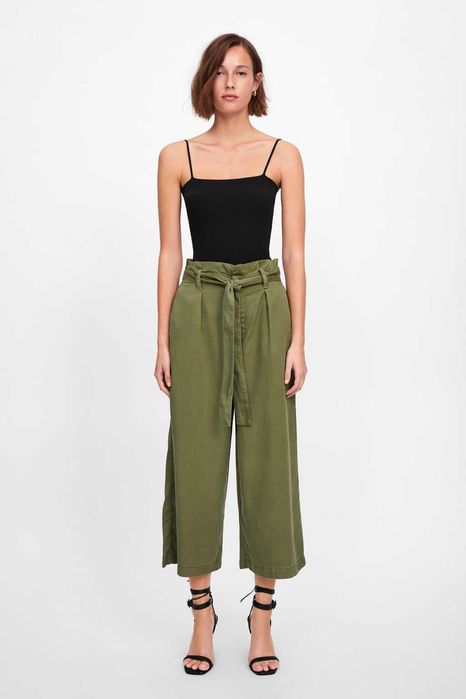 Zara Military Green Culotte Trousers with Belt, Size S