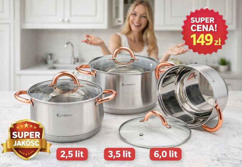 Zestaw garnków stal nierdzewna 1 2,5L 3,5L 6L potrójne dno indukcja