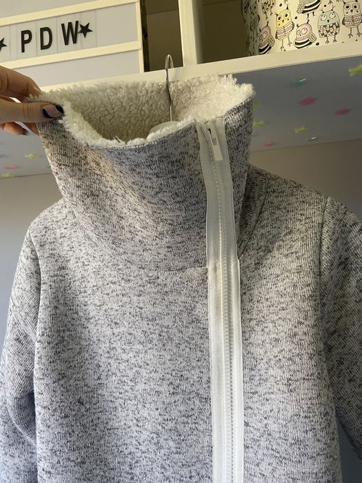 bluza rozpinana kożuch szary, długi sweter