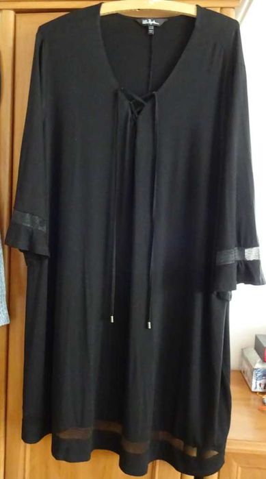 Sukienka Czarna Luźna Rękaw ¾ Dekolt V Koronka, Rozm.58/60 Ulla Popken