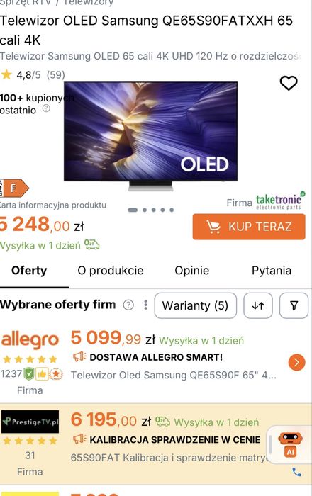 Telewizor OLED Samsung QE65S90C 65 cali 4K UHD 144Hz