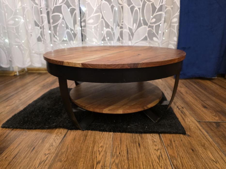 Stolik kawowy retro industrialny drewno i stalowe czarne nogi