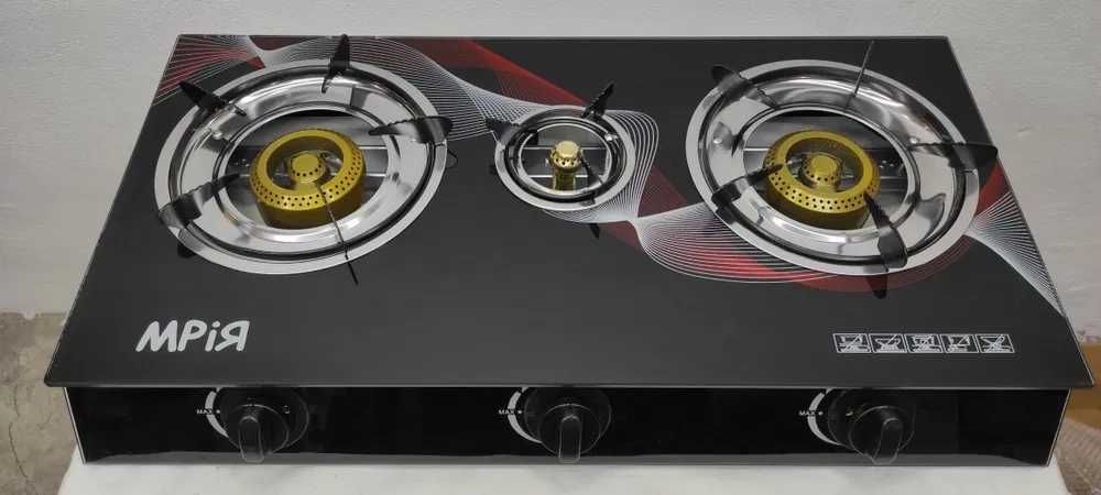 Настольная газовая плита-таганок Мрия 3 конфорки нержавейка + стекло