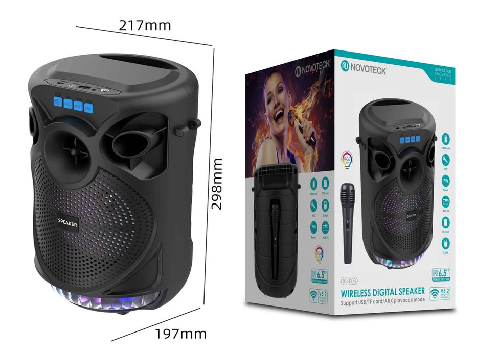 Coluna NOVOTECK XB-003 Portátil com Bluetooth, Luzes LED e Microfone -