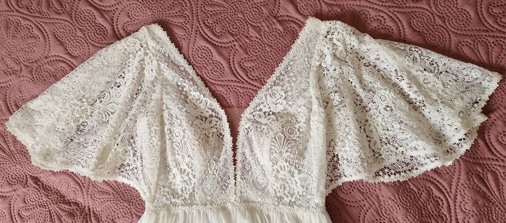 Suknia ślubna boho zwiewna muślin bawełna rękawki motylkowe eggshell