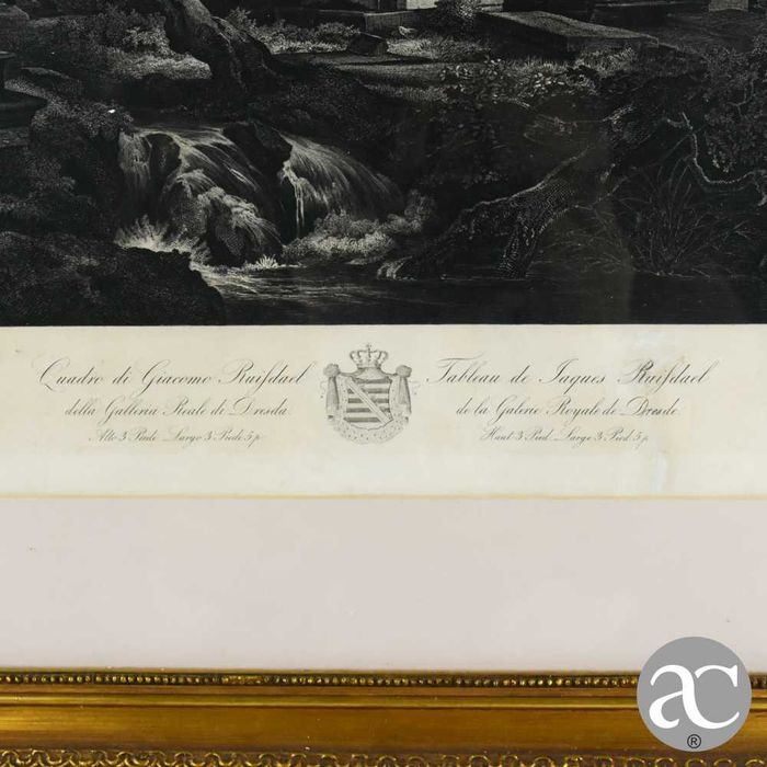 Gravura “Quadro di Giacomo Ruifdael”, emoldurada, 1865