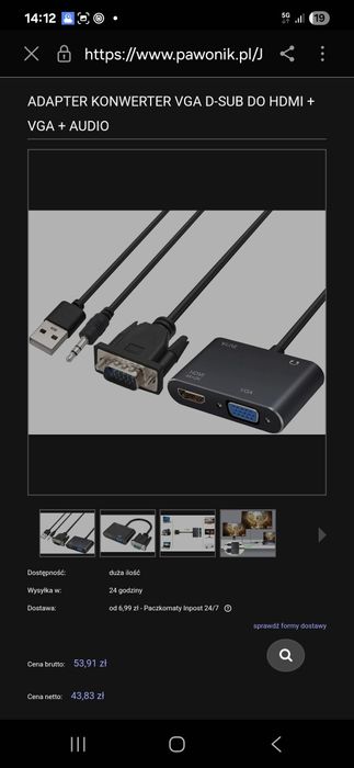 Adapter konwerter VGA D-SUB do HDMI + VGA + Audio