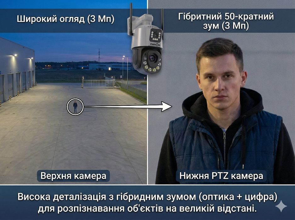 Камера з оптикою та нічним баченням до 120м. AI, 6Мп, ICsee, вай фай