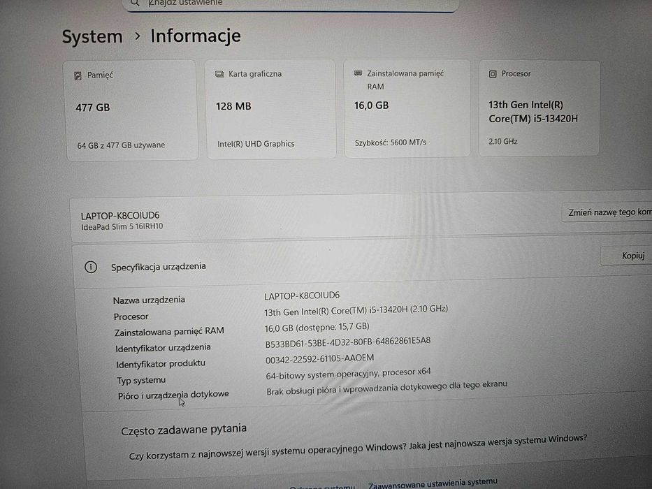 Laptop Lenovo IdeaPad Slim 5 16IRH10 Gwarancja jak nowy