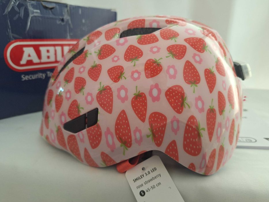 Kask rowerowy dziecięcy Abus Smiley 3.0 LED Rose Strawberry S 45-50cm