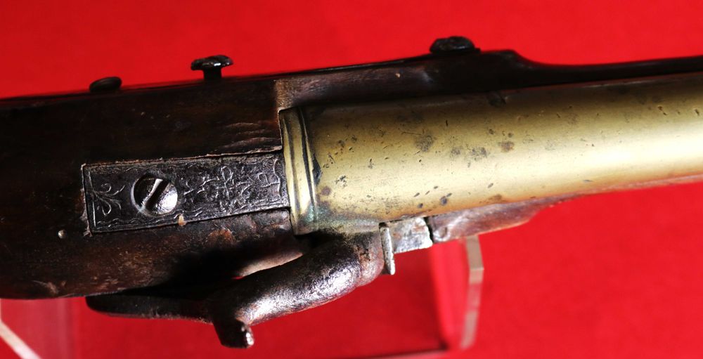 Pistola percussão portuguesa cano bronze boca de sino rara
