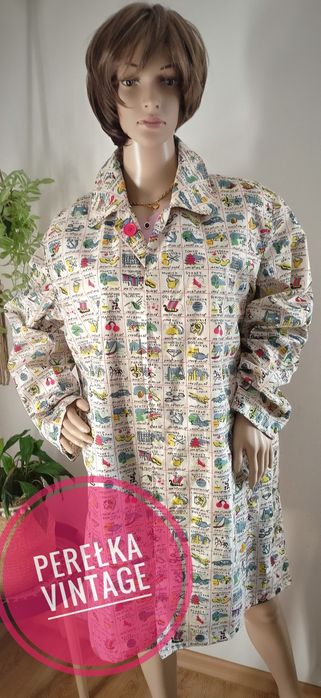 Płaszcz przeciwdeszczowy vintage kremowy w kolorowe ilustracje miast