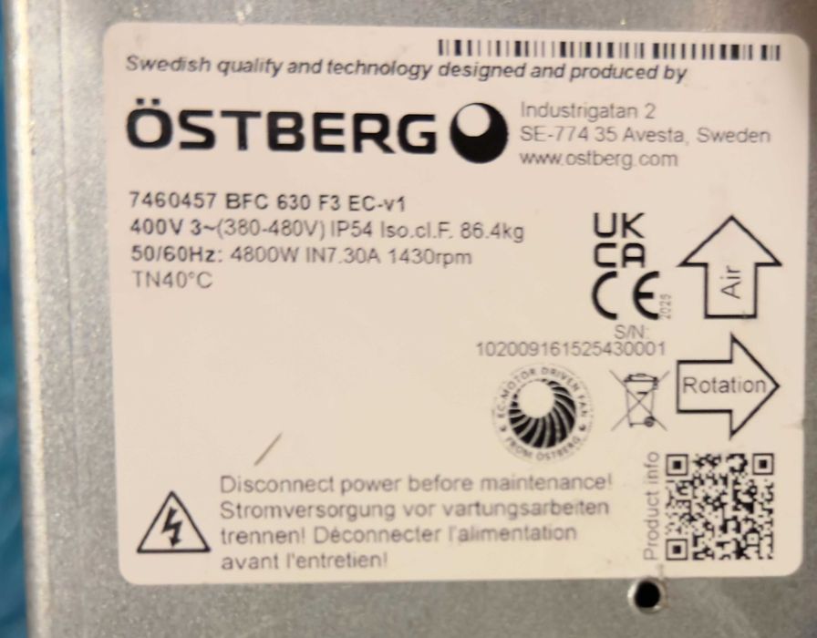 ÖSTBERG BFC 630 F3 EC – duży wentylator kanałowy 22 300 m³/h 400V prawie nowy