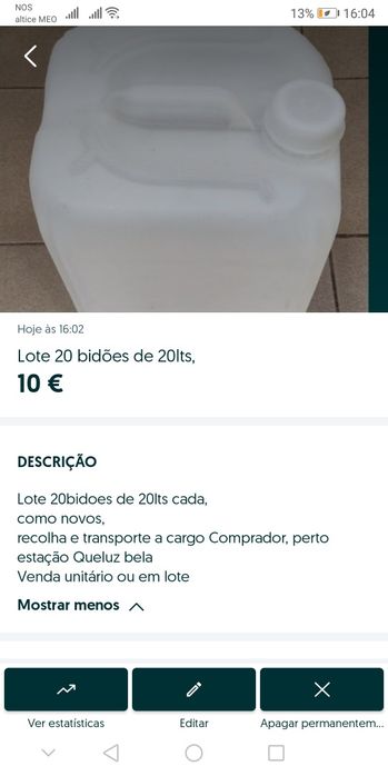 Bidões 20lt e 10lt lote/unidade