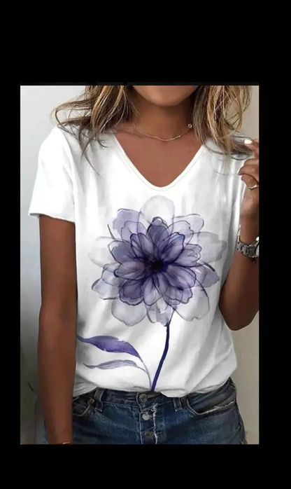 M dekolt w serek bluzka koszulka t-shirt biała duży fioletowy kwiat