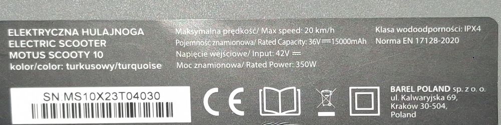 Hulajnoga elektryczna Motus Scooty 10  stan bardzo dobry technicznie