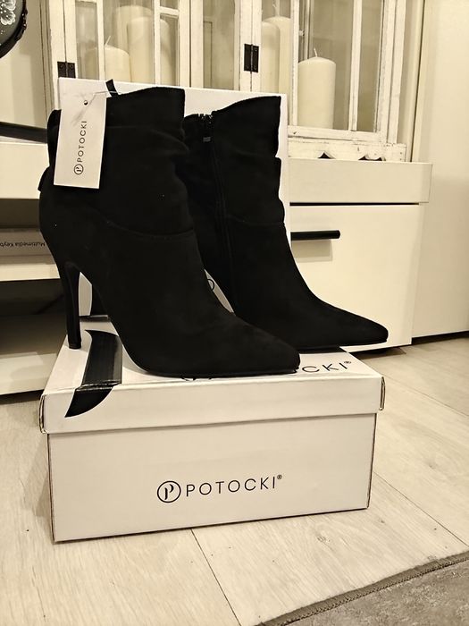 Botki damskie Potocki – czarne, zamszowe, szpilka | rozmiar 37