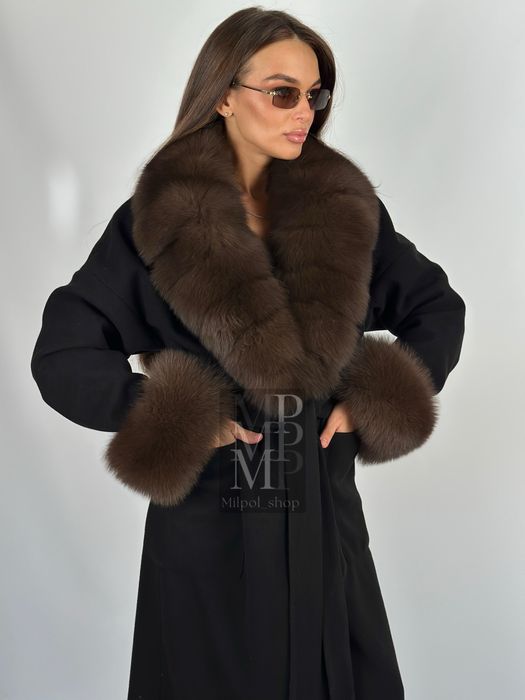 Женское кашемировое пальто с натуральным мехом песца, 42-56 размеры