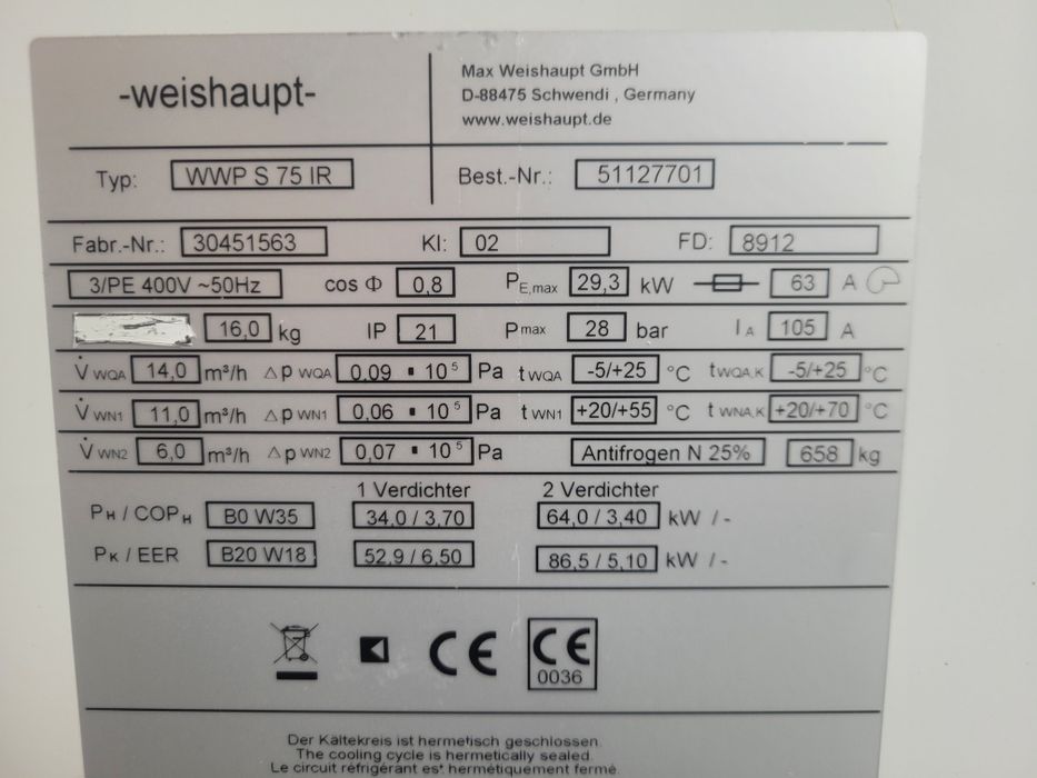Pompa ciepła 65 / 85 KW glikol WEISHAUPT DANFOSS woda woda gruntowa