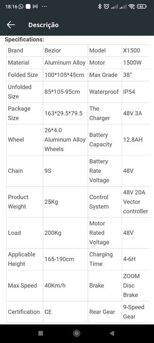 Bicicleta Elétrica 1500W, 48V, dobrável