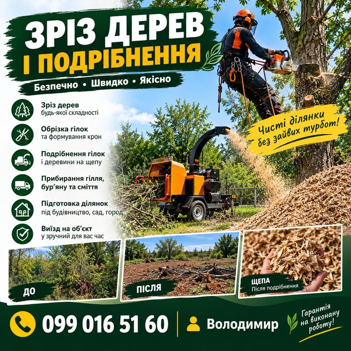Зріз дерев і подрібнення гілок