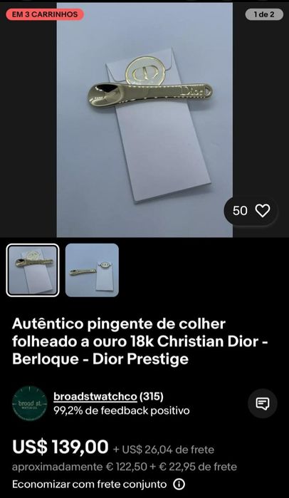 Autêntico pingente de colher folheado ouro 24k DIOR Prestíge.