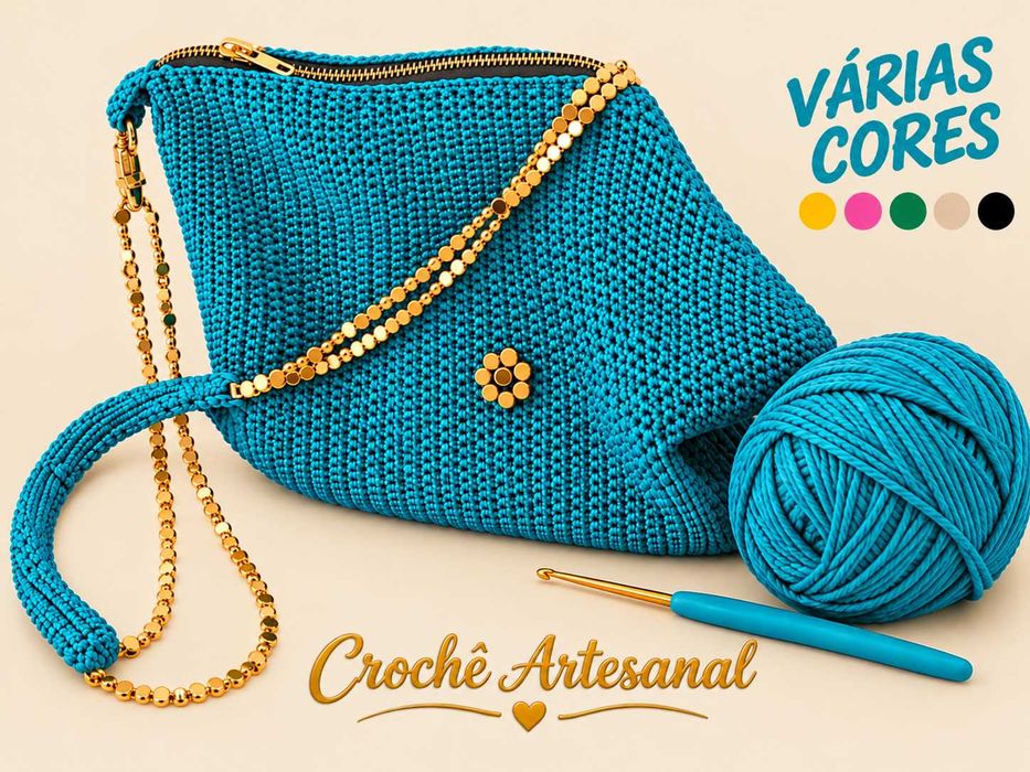 Bolsa Mala em CROCHE ARTESANAL - Azul Esverdeado - Singularmente bonita