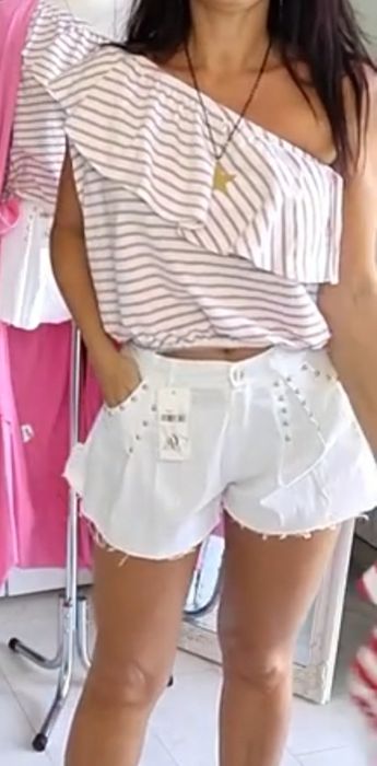 Bluzka na jedno ramię paski różowo białe