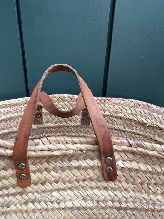 Cesta Vintage em Verga Natural com Alças em Pele | Boho Escandinava Grande
