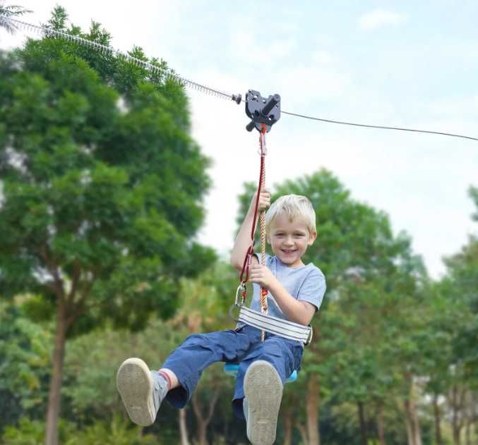 Tyrolka ogrodowa 48,7m 226kg zestaw uprząż hamulec linowy do ogrodu