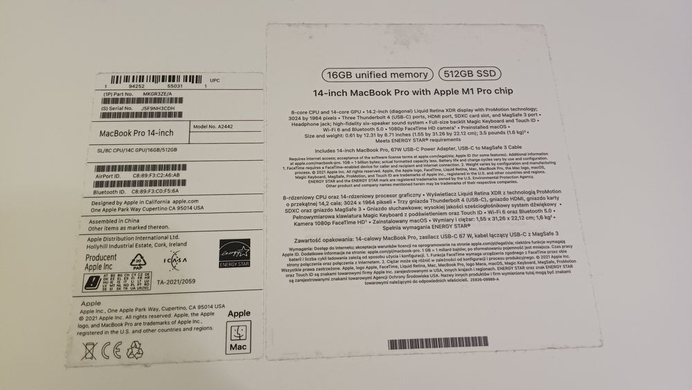 MacBook Pro 2021 14,2" M1 Pro 512GB / 16GB