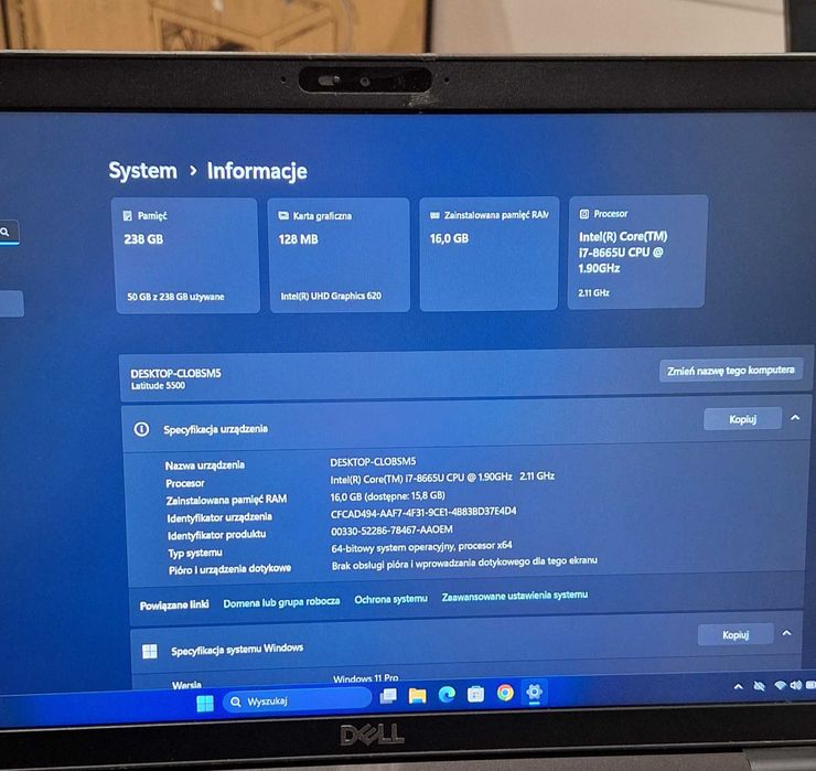 Laptop Dell Latitude 5500 Intel i7 -8665U| 16 GB RAM| 256 GB SSD| 15,6" | W11