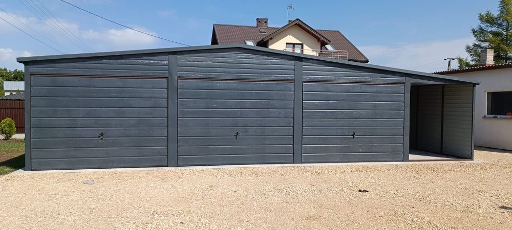 Garaż blaszany 10x7 grafit mat bramy złoty dąb