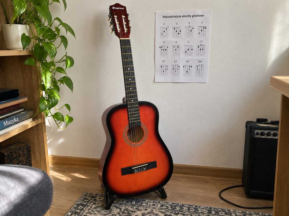 Nowa Gitara Klasyczna 4/4 38 Cali Dla Początkujących Do Nauki Gry Struny Nylonowe Sunburst Z Akordami 6 Strun