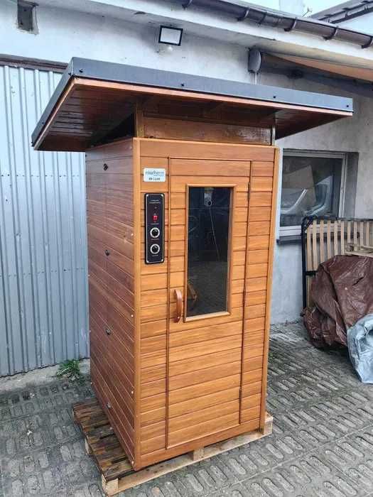 Sauna zewnętrzna ogrodowa tarasowa na balkon taras jak beczka drewniana sucha FIŃSKA 2w1 infrared KOMPLET z dachem 230v piec kamienie dla singla solo