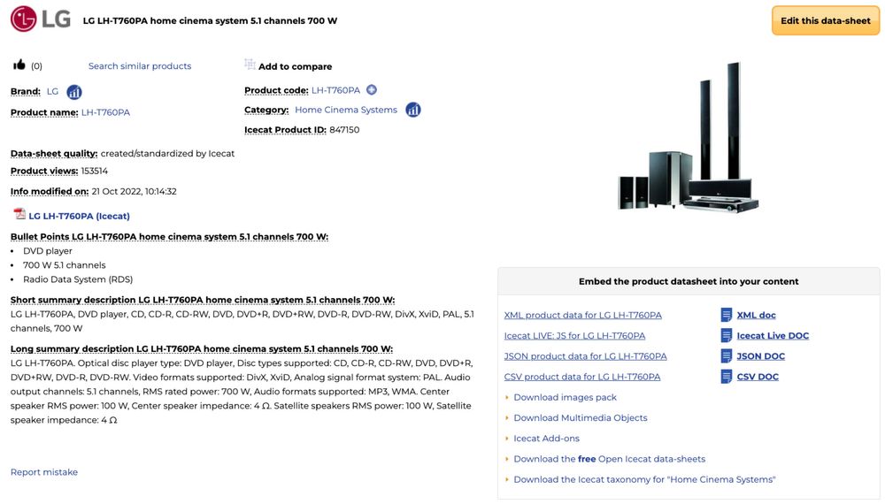 LG LH-T760PA home cinema system 5.1 channels 700 W