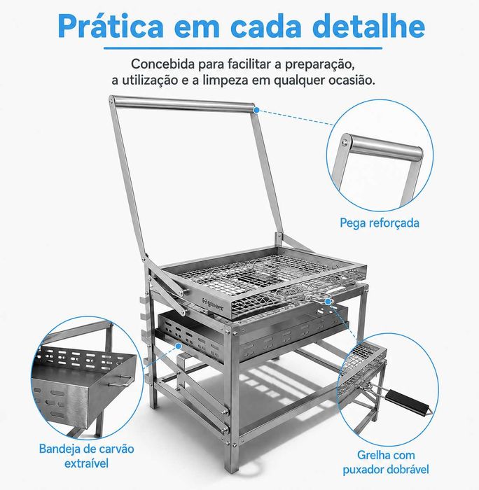 Churrasqueira Carvão Inox BlazeFor F1 - Flip 180° - Dobrável - NOVA