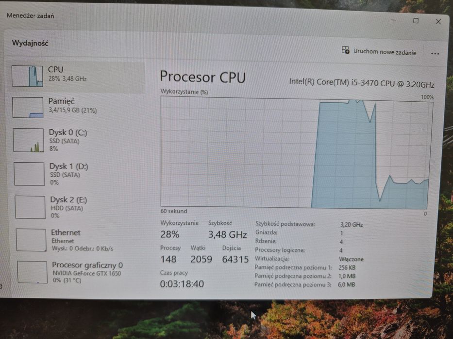Komputer  i5 3470, DDR3 16Gb, Ssd240+hdd500, GTX1650 4GBD DR5