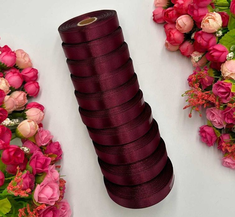Атласна стрічка - 1,2 см x 23 м (10 рулонів) / Марсала Лента атласная