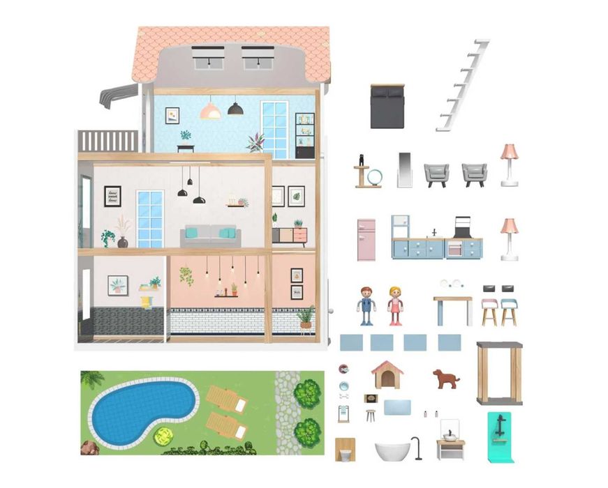 Domek dla lalek willa dzieci LED lalki XXL 3xpiętro DREWNO winda DEMO