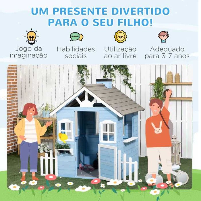 Casa de madeira para crianças azul, jardim
