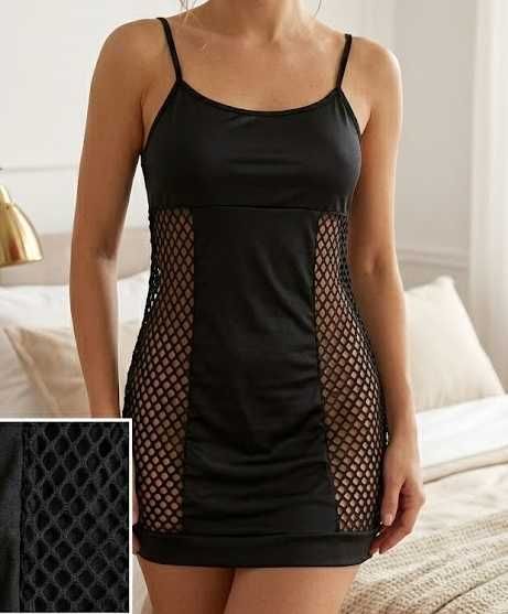 czarna koszulka nocna chemise siatka boczna fishnet M