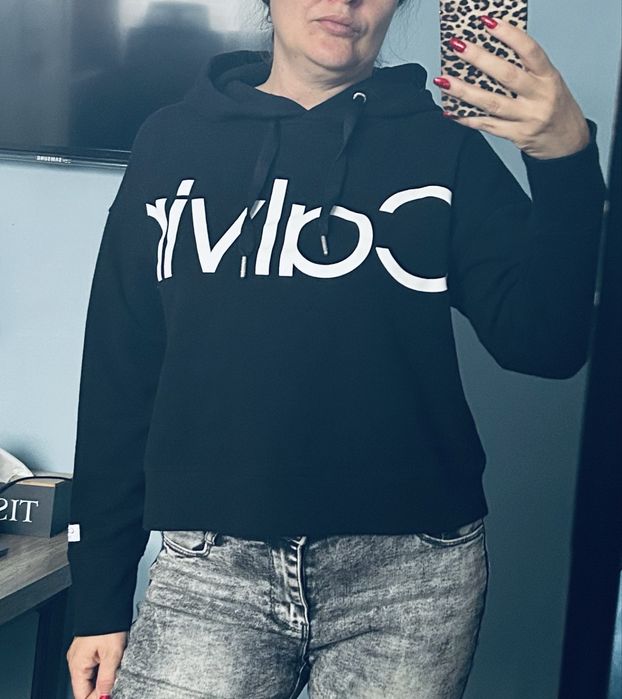 Calvin Klein 38 M czarna bluza luźna z kapturem białe Logo