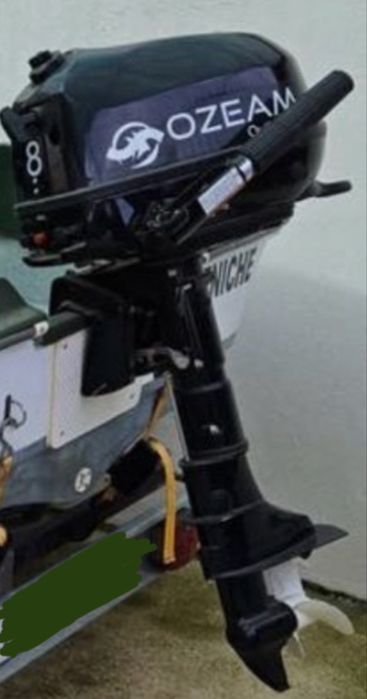 Barco com motor e reboque.